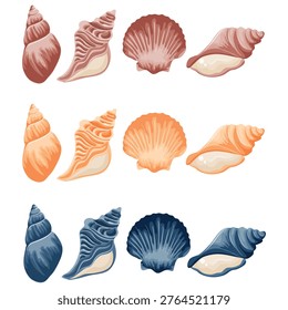 set of icons of various sea shells and shells of different shapes and colors, for thematic backgrounds, stickers or social networks