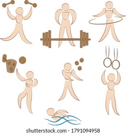 set of icons of various sports with sports equipment in brown color