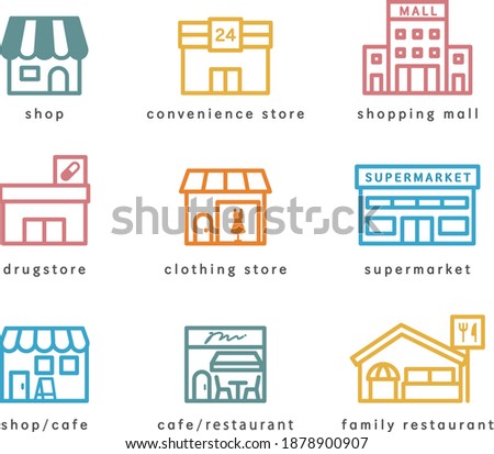 A set of icons for various stores such as shop, convenience store, department store, drugstore, supermarket, cafe, restaurant, etc.
The written Japanese has the same meaning as the English title.