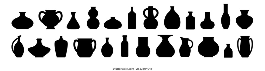 Set of icons of vases, clay amphorae. Black silhouette of vessels of different shapes. Vector illustration.
