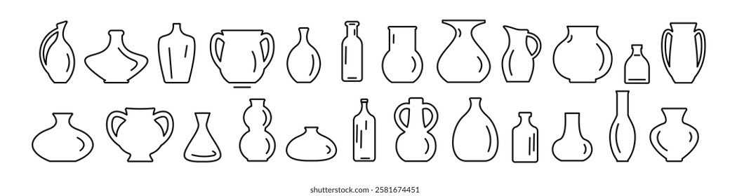 Set of icons of vases, clay amphorae.Linear design of vessels of different shapes.Vector illustration