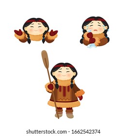 set of icons of vector eskimo Chukchi funny girl in warm winter fluffy clothes with a paddle from a boat, in a fur coat with a hood, laughs, cries isolated on white emoji, emoticon eps