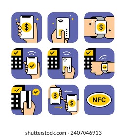 Set of icons vector illustration related to payment methods. Online banking, Contactless payment, NFC in colorful modern minimalist style.