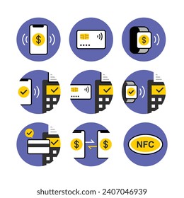 Set of icons vector illustration related to payment methods. Online banking, Contactless payment, NFC in colorful modern minimalist style.