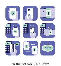 Set of icons vector illustration related to payment methods. Online banking, Contactless payment, NFC in colorful modern minimalist style.