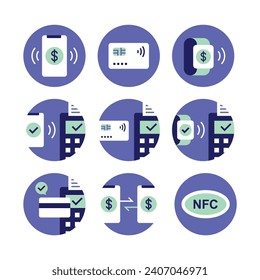 Set of icons vector illustration related to payment methods. Online banking, Contactless payment, NFC in colorful modern minimalist style.