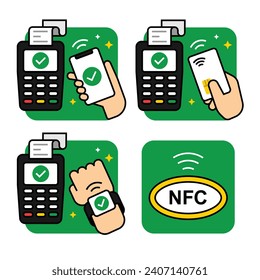 Set of icons vector illustration related to payment methods. Online banking, Contactless payment, NFC in colorful modern minimalist style.