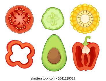 Set of Icons Vegetable Slices Tomato, Cucumber, Corn and Bell Pepper with Avocado Round Halves, Healthy Food, Sliced Veggies, Farm Production Cut on Ring Pieces. Isolated Cartoon Vector Illustration