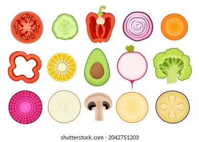 Set of Icons Vegetable Slices Tomato, Cucumber, Corn and Bell Pepper with Avocado and Onion. Carrot, Radish and Broccoli with Beetroot, Potato and Mushroom or Eggplant. Cartoon Vector Illustration