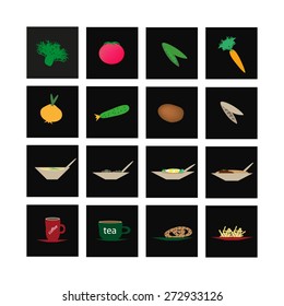 Set of icons of vegetables and culinary specialties.