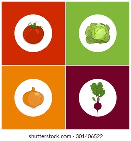 Set of Icons Vegetables , Icon Red Tomato and  Onion,  White Cabbage and Beet with Tops of Vegetable , Vector Illustration