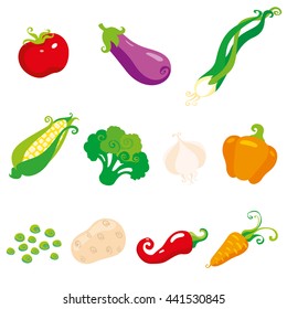 Set of icons vegetables tomato, corn, eggplant, onions, peas, potatoes, garlic, carrots, chili peppers, broccoli flat style color image for menu, illustrations, booklets and books, isolated vector