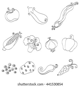 Set of icons vegetables tomato, corn, eggplant, onions, peas, potatoes, garlic, carrots, chili peppers, broccoli objects black lines for menu, illustrations, booklets and coloring, isolated vector