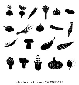 Set of icons with vegetables. Vector monochrome illustration. Use for logos, cafes, menus, restaurants.