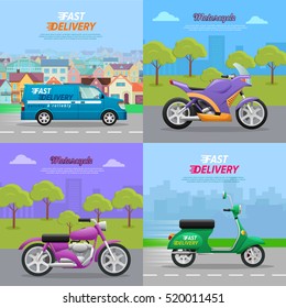 Set of icons with vehicles. Fast delivery. Motorcycle. Blue minivan on road in city. Two violet motorcycles and with trees on background. Green cycle on asphalt in town. Cartoon style. Vector