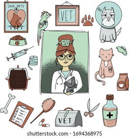 Set of icons for veterinary clinic. Veterinary-themed objects. Syringe, animal feed, medicine, veterinary first aid kit. Illustration depicting a vet. Editable vector icons on a white background.