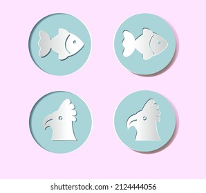 A set of icons for veterinary medicine, pet care, pet store, shelter, nature protection. Parrot, fish. Round embossed buttons.  The buttons are convex and concave. 3D icons.  Paper cutting .