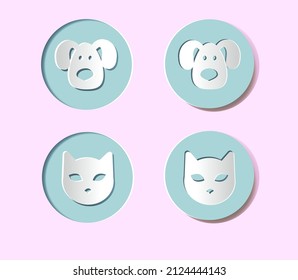 A set of icons for veterinary medicine, pet care, pet store, shelter. Dog and cat. Round embossed buttons.  The buttons are convex and concave. Collection of realistic 3D icons.  Paper cutting.