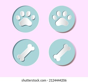 A set of icons for veterinary medicine, pet care, pet store, shelter. Animal footprint, bone. Round embossed buttons.  The buttons are convex and concave. Collection of  3D icons.  Paper cutting.