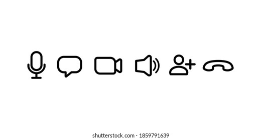 Set of icons for video conferencing, instant messengers, mic, sound and call. Outline style vector illustration