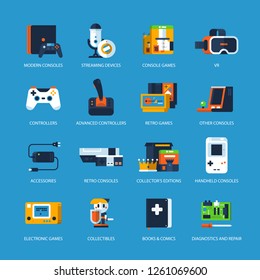 Set of icons for the video game store. Old and new consoles, games, books, VR devices, accessories.