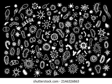 a set of icons of viruses and bacteria of different shapes. Bacteria and microbes, pathogenic microorganisms,
freehand white isolated contours in the style of doodles on black Vector graphic