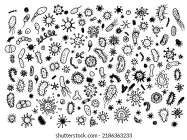 a set of icons of viruses and bacteria of different shapes. Bacteria and microbes, pathogenic microorganisms causing diseases, bacteria and bacilli Vector set black isolated contour