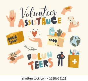 Set of Icons Volunteer Assistance and Help to People Theme. Donation Box, Human Hand and Heart Symbol, Grocery, Food and Medical Drugs, Earth Globe, Green Sprout and Puppy. Linear Vector Illustration