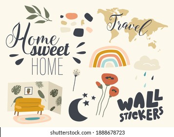 Set of Icons Wall Stickers Theme. Decorative Ornamental Paper Elements for Home Design, Flowers, Tree Leaves and Typography for House Interior Decoration Concept. Linear Vector Illustration