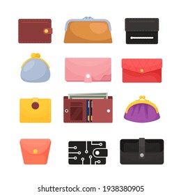 Set of Icons Wallets, Different Purses Male and Female Accessories for Money, Closed and Open with Bills. Electronic Wallet for Online Purchases, Graphic Design Elements. Cartoon Vector Illustration