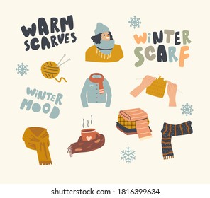 Set Icons Warm Clothing Theme. Clew and Knitting Needles with Young Woman Wearing Warm Hat and Scarf. Hot Drink, Snowflakes. Winter Mood, Youth Fashion Garment, Accessories. Linear Vector Illustration