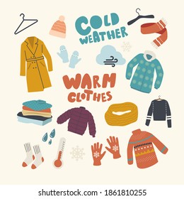 Set Icons Warm Clothing Theme. Knitted Hat and Scarf, Coat, Hanger and Mittens with Pullover and Thermometer and Snowflake. Winter Mood, Youth Fashion Garment, Accessories. Linear Vector Illustration