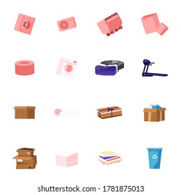 Set of Icons Washing Machine, Quarry Trolley and Glasses of Virtual Reality, Treadmill, Carton Boxes and Stack of Paper, Scroll, Recycling Litter Bin, Wastepaper Rubbish. Cartoon Vector Illustration