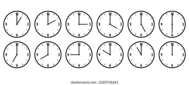 Fijar iconos de Watch, Tiempo y reloj, Diseño plano del icono del reloj sencillo blanco. Completar doce horas de ilustración vectorial nítida en el sentido de las agujas del reloj. Iconos de relojes de pared analógicos. 