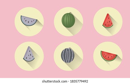 Set of icons with watermelons on round buttons in multiple colors