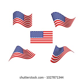 Set icons of the waving flag of America Icon on a white background. Symbol for sports and geographical banner and poster. Isolated Vector Illustration