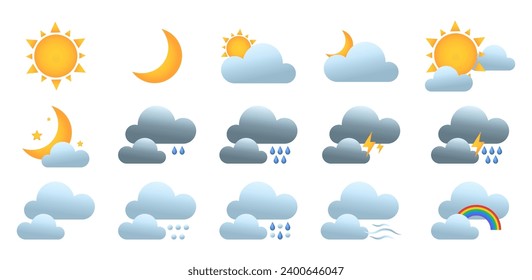 Set of icons for weather forecast app on white background