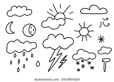 Set of icons for the weather forecast in the doodle style. Simple hand-drawn weather icons. Black and white doodles of sunny, rainy, foggy, cloudy, windy weather and thunderstorms