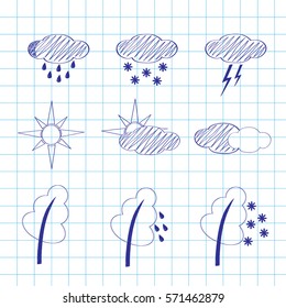 Set of icons of weather on a writingbook leaf, a vector sketch