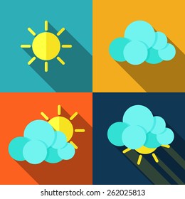 Set of icons with weather style flat  long shadows. Vector.