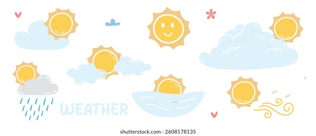 Set of icons with WEATHER theme. With doodle style. For layout, website, graphic design.	
