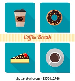 Set of icons for web. Coffee and cakes. Coffee break. Donut, cheesecake, coffee drinks in a plastic cup and mug. Turquoise background. Oblique shadow. Flat vector