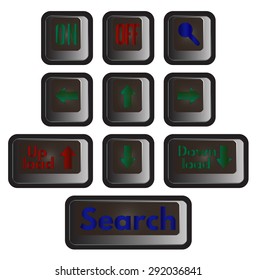 Set of icons for web design. Buttons: download, upload, search, On, Off. 