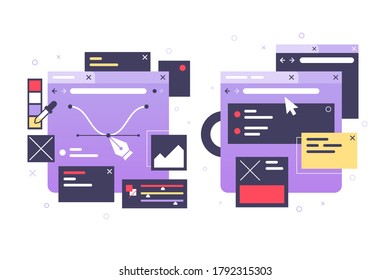 Set icons of web design, laptop, diagram, online app. Concept collection modern interface for online application tools, internet, ad, web. Pixel perfect. Vector illustration.