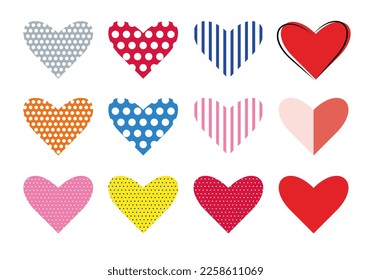 A set of icons for a website - vector hearts with polka dots, speckles, stripes and just red.