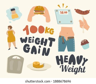 Set of Icons Weight Gain Theme. Soda Drink Bottle, Hand Holding Burger, Floor Scales and Small Jeans on Fat Body, Sausage, Measuring Tape or Cupcake, Heavy Weight Concept. Linear Vector Illustration