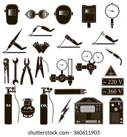 Set icons of welding isolated on black. Vector illustration