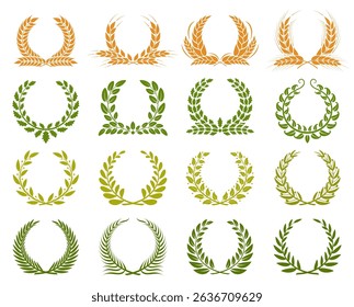 Set icons wheat, laurel and oak wreaths. Round laurel, wheat, olive and oak wreaths. Organic wheat, bread agriculture. Logo of victory, achievement, award, coat of arms, heraldry. Isolated silhouette