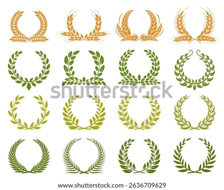 Set icons wheat, laurel and oak wreaths. Round laurel, wheat, olive and oak wreaths. Organic wheat, bread agriculture. Logo of victory, achievement, award, coat of arms, heraldry. Isolated silhouette