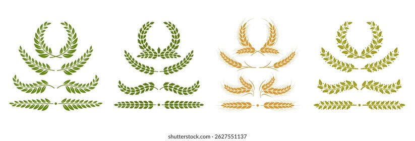 Set of icons of wheat, laurel, olive and oak. Ear, branches and round wreaths of laurel, wheat, oak and olive trees. Logo of victory, achievement, award, coat of arms, heraldry. Isolated silhouette